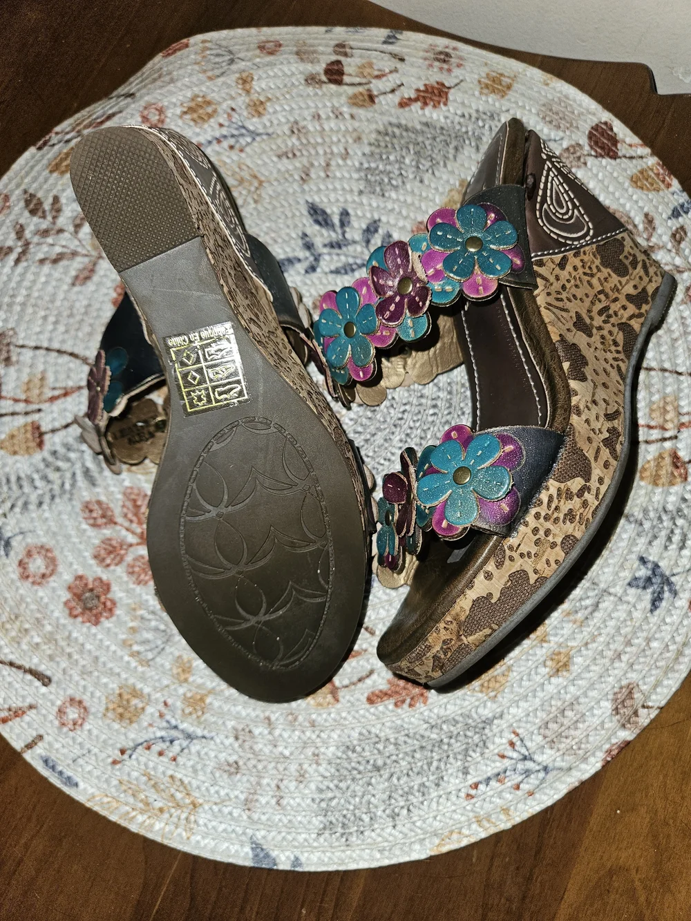 L'artiste Teal and Magenta Floral Leather Wedge Sandals